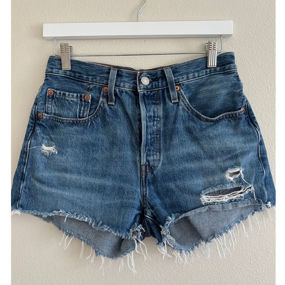 Levis 501 Shorts Womens 27 Blue Denim Cutoffs Button Fly Distressed